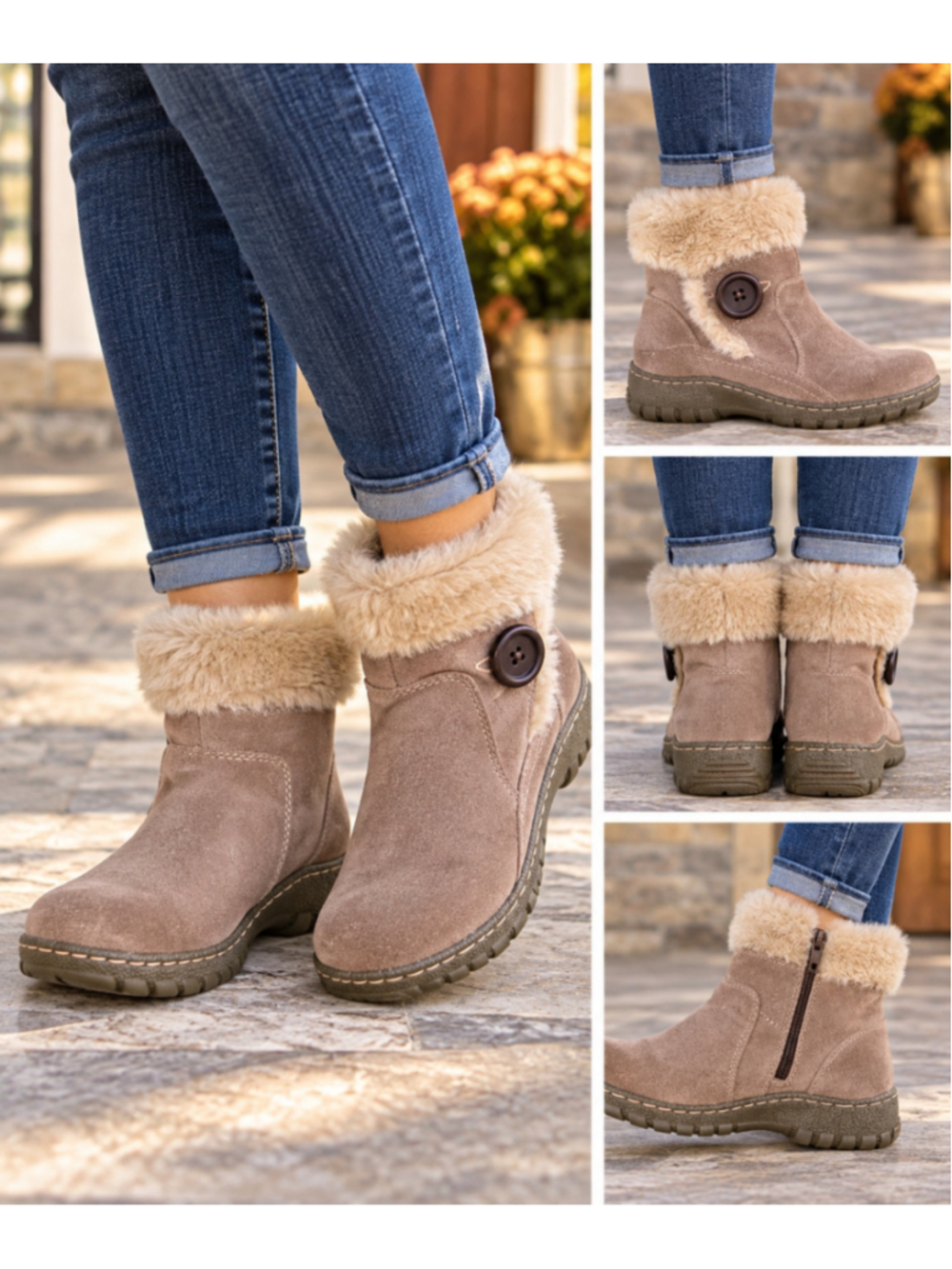 St. John’s Bay Leather Faux Fur Lined Winter Ankle Boots Taupe 6.5M